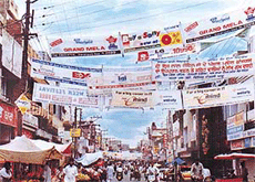 Banners hanging on electricity poles lend an ugly look to Sheranwala Bazar, Patiala.