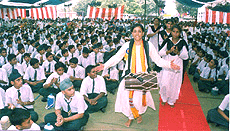 Neelima Sharma of Nishant, a theatre group of New Delhi, performs during a short play