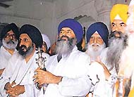 Leaders of the Panthic Morcha, including Baba Sarbjot Singh Bedi, convener, Mr Gurcharan Singh Tohra, Bhai Ranjit Singh and Bhai Jasbir Singh Rode, both former Jathedars, during the ardas at Akal Takht on Saturday.