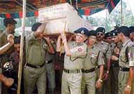 Bodies of six border security personnel killed in landmine blast.