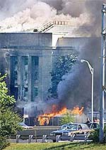 The Pentagon on fire after a hijacked aircraft crashed into it on Tuesday.