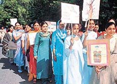 NSS volunteers of the Government College of Education, Sector 20, take out a procession against environmental pollution in Chandigarh on Thursday.