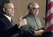 US Secretary of State Colin Powell makes a point during a news conference