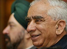 Indian External Affairs Minister Jaswant Singh addresses a news conference at the Indian High Commission in London