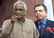 Defence Minister George Fernandes gestures during a news conference