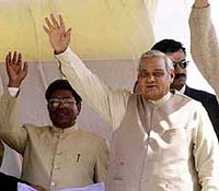 Prime Minister Atal Behari Vajpayee waves to the crowd