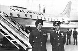 Marshal of the Indian Air Force Arjan Singh (left) in front of an IAF plane