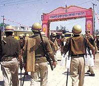 The police on strict vigil outside Ramsevak Puram in Ayodhya