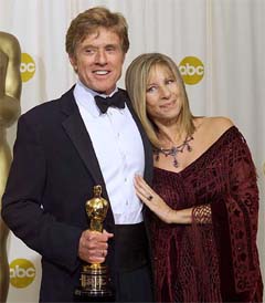 Robert Redford appears backstage with Barbra Streisand