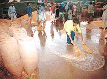 Labourers use brooms to clear rainwater from the grain market