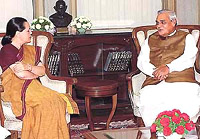 Congress President Sonia Gandhi with Prime Minister Atal Behari Vajpayee at his residence in New Delhi
