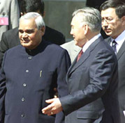 Prime Minister Atal Behari Vajpayee with Kazakhastan President Nursultan Nazarbayer at a welcome ceremony at Presidency Building in Almaty on Monday. 