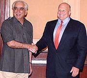 External Affairs Minister Jaswant Singh and US Deputy Secretary of State Richard Armitage shake hands after their meeting in New Delhi on Friday.