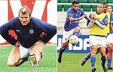 England’s captain David Beckham stretches during practice and Brazilian Denilson fights for the ball