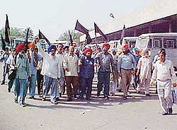 Members of the Punjab Roadways Action Committee take out a protest rally