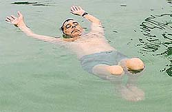 Mr Karam Inder Pal demonstrates ‘shava asana’ on water at the Panjab University swimming pool