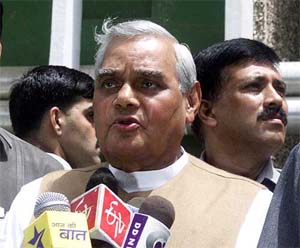 Prime Minister Atal Bihari Vajpayee talks to mediapersons