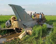 Wreckage of the MiG-21 aircraft which crashed in Ambala on Monday.