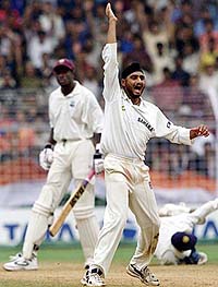 Harbhajan Singh, who captured seven wickets for 48 runs, appeals for a caught behind