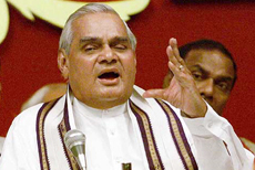 Prime Minister Atal Behari Vajpayee addressing the 'Jan samaroh' to celebrate the completion of three years of the NDA government