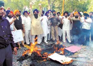 SAD (Badal) activists burning the effigies of Punjab Chief Minister Amarinder Singh and Congress president Sonia Gandhi