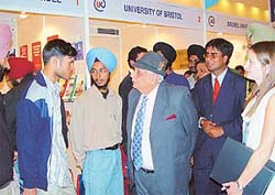 Lieut-Gen J.F.R. Jacob (retd), Administrator, UT, visits the British education exhibition at Mountview Hotel, Sector 10, Chandigarh