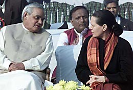Prime Minister Atal Behari Vajpayee with Congress President Sonia Gandhi at a function organised on the death anniversary of Baba Saheb Dr Bhim Rao Ambedkar 