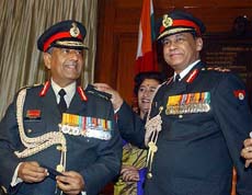 The outgoing Chief of Army Staff, Gen S. Padmanabhan, handing over charge to his successor Gen Nirmal Chandra Vij