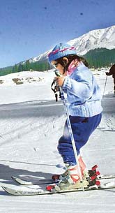Five-year-old Kenzia learns skiing at Gulmarg in Kashmir on Sunday.