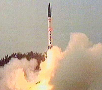 The Agni missile is seen in this video grab during a test launch