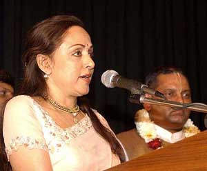 Veteran Bollywood actress Hema Malini addresses the gathering