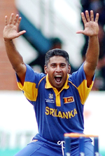 Sri Lankan fast bowler Chaminda Vaas appeals during the match against Bangladesh in their World Cup cricket match 