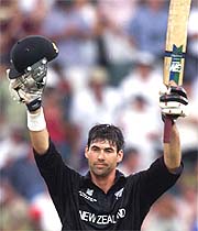 New Zealand captain Stephen Fleming celebrates his century 