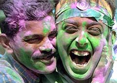 Two Indian cricket fans celebrate in Kolkata on Sunday after Indias World Cup win over Pakistan
