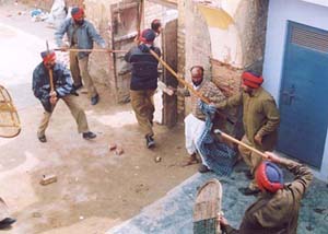 Police personnel resort to lathi charge during the Municipal Council elections in Majitha on Sunday.