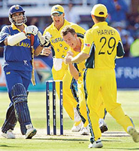 Brett Lee celebrates taking the wicket of Sri Lankan batsman Hashan Tilakaratne