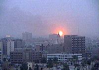 A fireball illuminates the horizon after an explosion on the Baghdad skyline