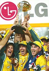 Australian captain Ricky Ponting holds the cricket World Cup with team-mates 