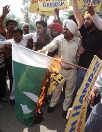 All India Anti-terrorism Front activists protest against alleged Pakistani involvement in the massacre of Kashmiri Pandits