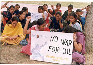 Protesting girl students while shying away from camera