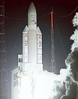 Handout picture from the European Space Agency of an Ariane 5 (INSAT-3A) rocket taking off from Europes space base at Kourou, in French Guiana.