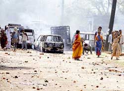 A litter of stones is all that is left after the police ran away as RJD supporters hurled stones on them in Patna on Wednesday.