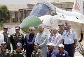 Prime Minister Atal Behari Vajpayee, Defence Minister George Fernandes and Indian Air Force chief S Krishnaswamy with the light combat aircraft