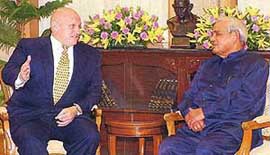 US Deputy Secretary of State Richard Armitage with Mr Atal Behari Vajpayee at the Prime Ministers residence