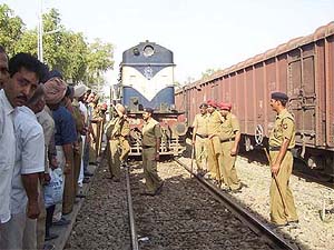 Senior police officials argue with the residents when the latter stopped the Jan Shatabdi Express