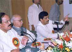 BJP chief Venkaiah Naidu, Deputy Prime Minister L.K. Advani and BJP general secretary Pramod Mahajan