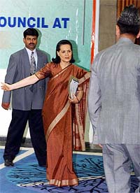 Congress President Sonia Gandhi arrives for the two-day conclave of party Chief Ministers in Srinagar