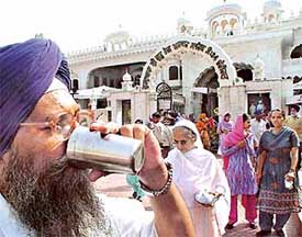 A devotee enjoys sweetened water at a "chhabeel" on the occasion of the Martyrdom Day of Guru Arjan Dev