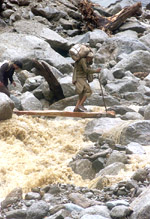 A worker of a power plant walks on a makeshift bridge