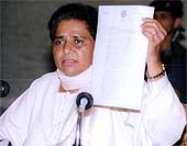 Uttar Pradesh Chief Minister Mayawati shows a letter